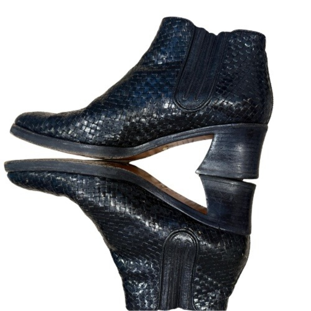 Stephane Kelian Paris Black Woven Leather Boots Y2K Block Heel Size 8 Vintage